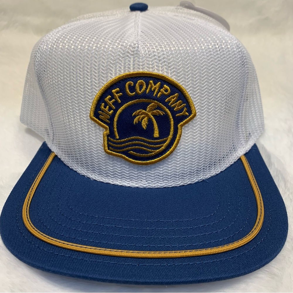 Neff Company White Blue Flat Brim Trucker Mesh 5 Panel Hat Grandad Golf